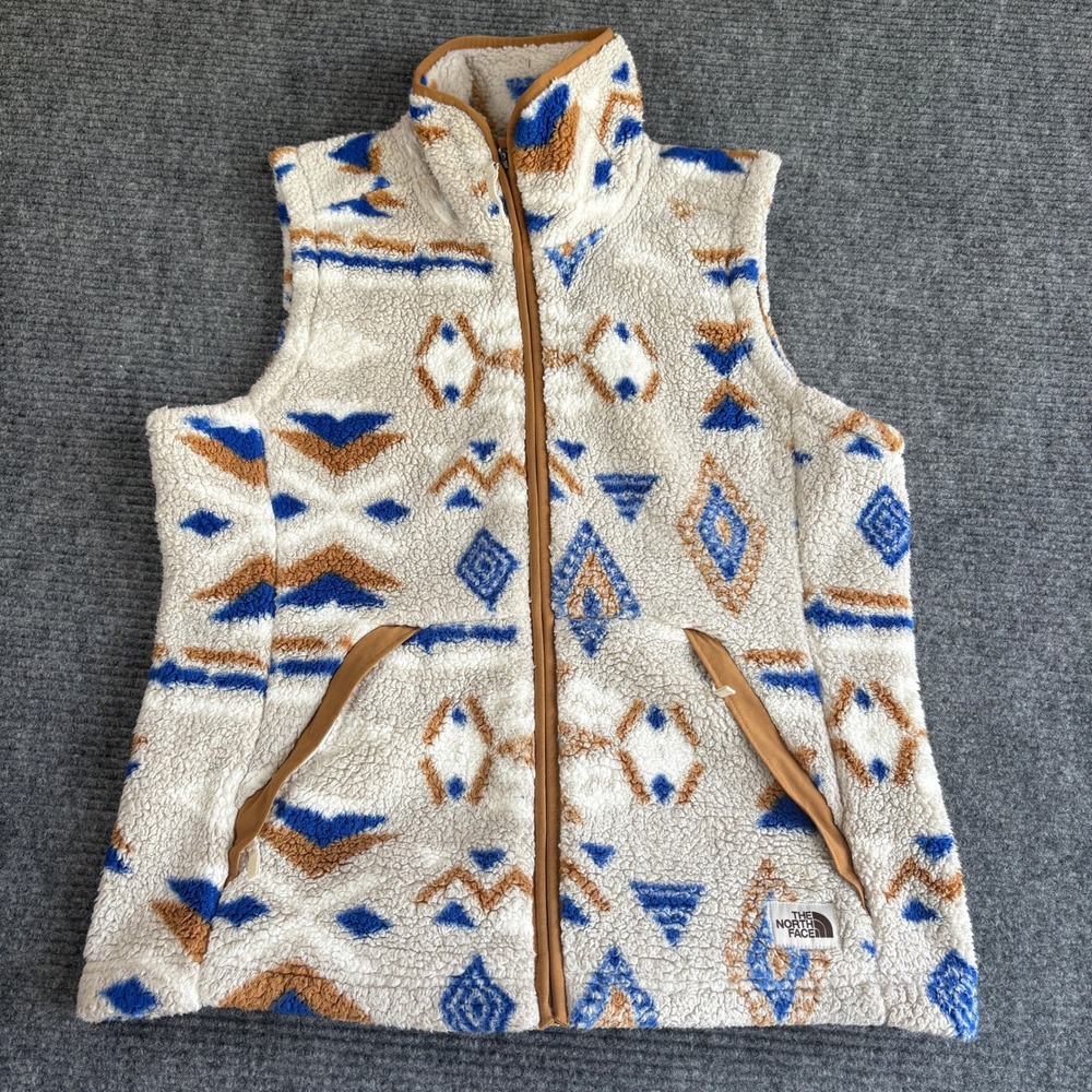 The North Face Womens Large Aztec Sherpa Fleece Vest Blue Brown Geometric 3717